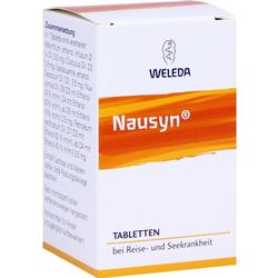 Eine Schachtel Nausyn-Tabletten gegen Reise- und Seekrankheit von Weleda.