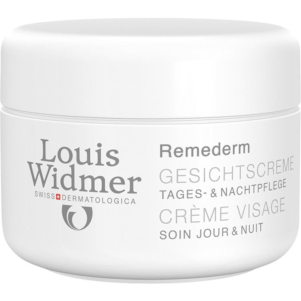 Weißer Cremetopf mit der Aufschrift "Louis Widmer Remederm Gesichtscreme Tages- & Nachtpflege".