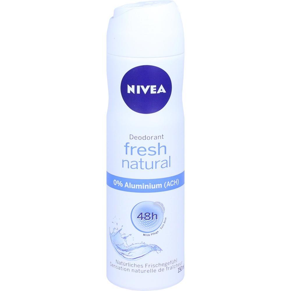 Weiße Deospray-Flasche mit blauem Deckel und der Aufschrift "fresh natural".