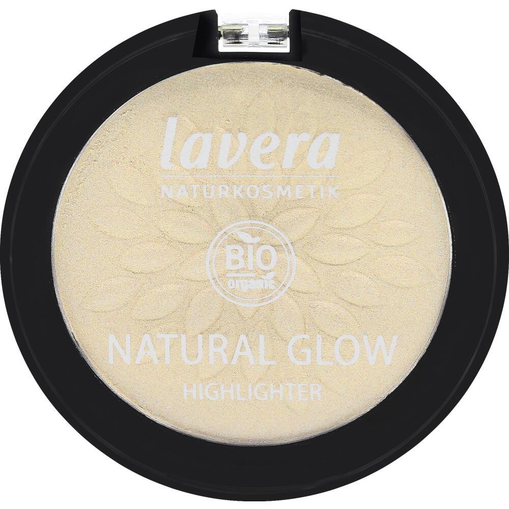 Runde Dose mit hellem Highlighter-Puder, beschriftet mit "Natural Glow" und "Bio".